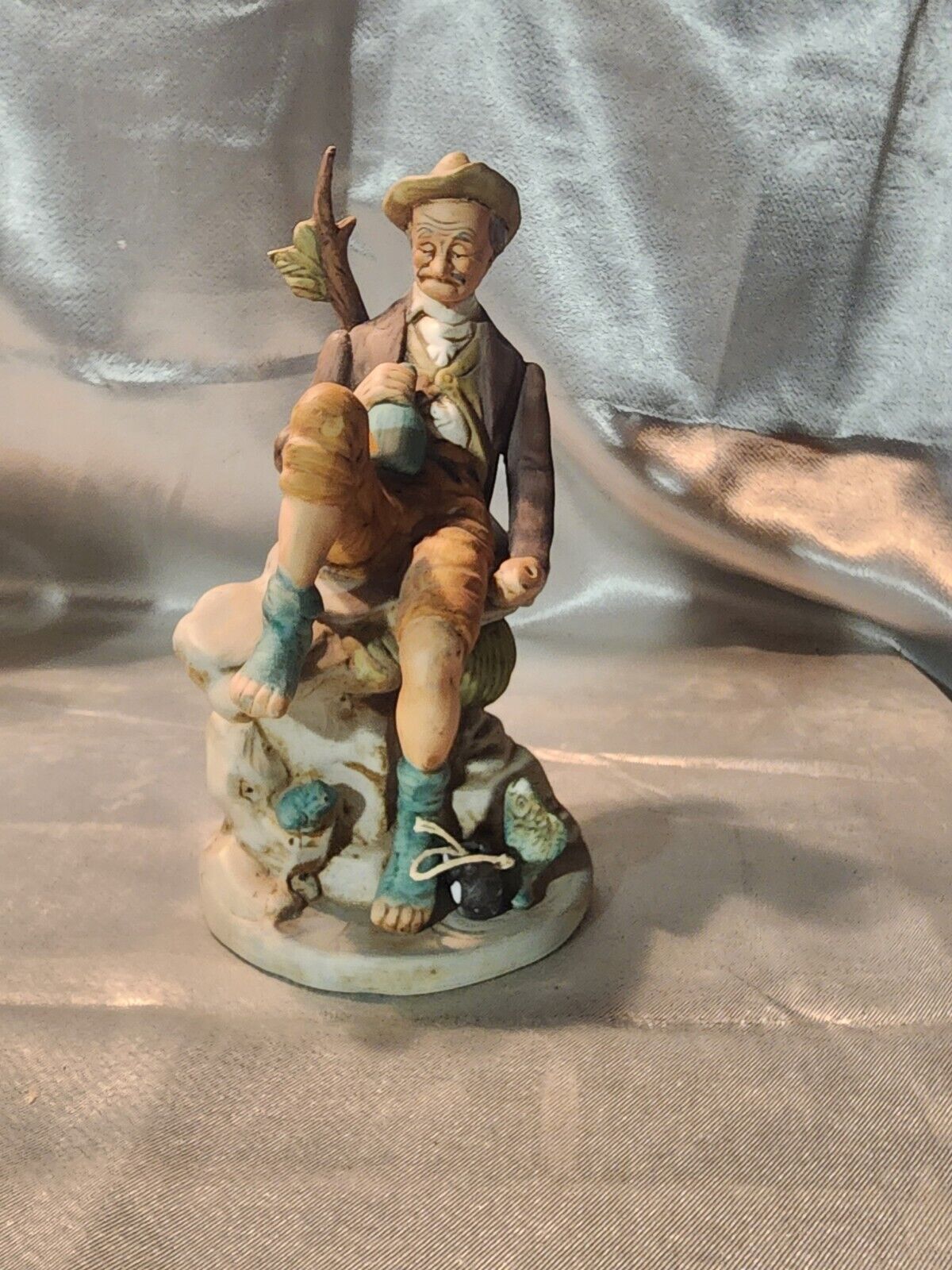 Vintage Hobo Sitting on Log Fishing Figurine