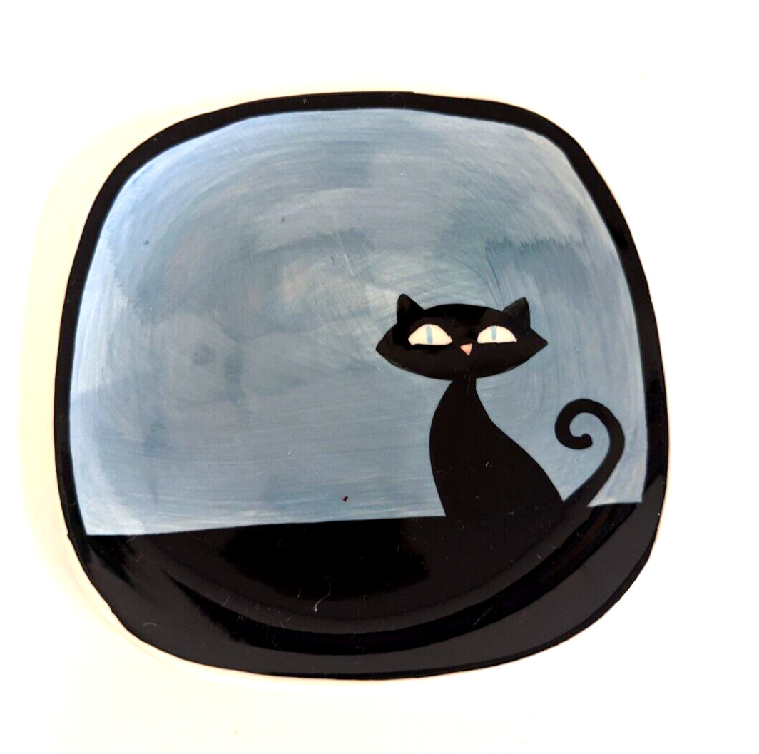 HUES N BREWS Blue n Black Cat Cattitude Saucer Trinket dish Kitten Kitty plate