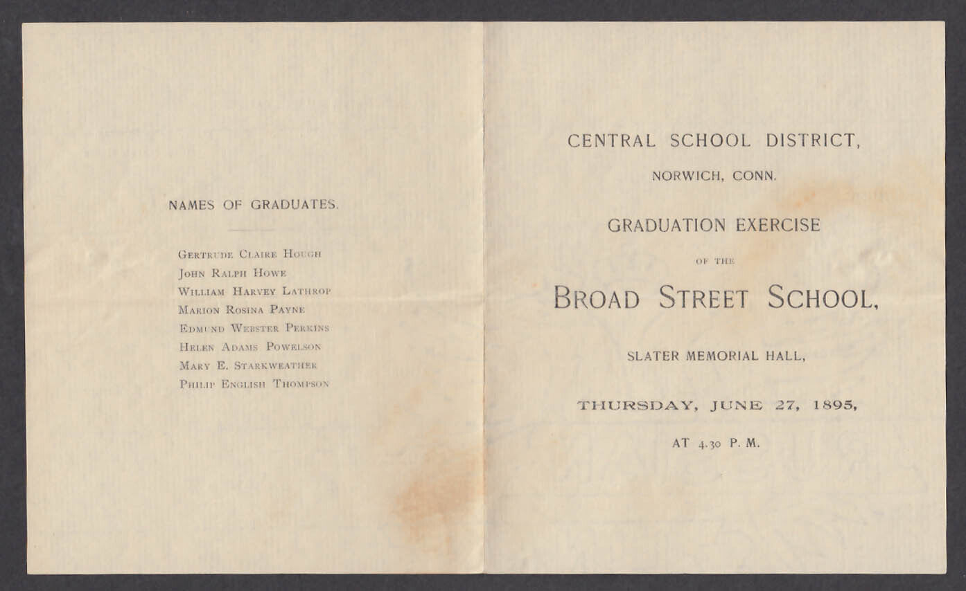 Broad Street School Norwich CT Graduation Exercise Program 1895