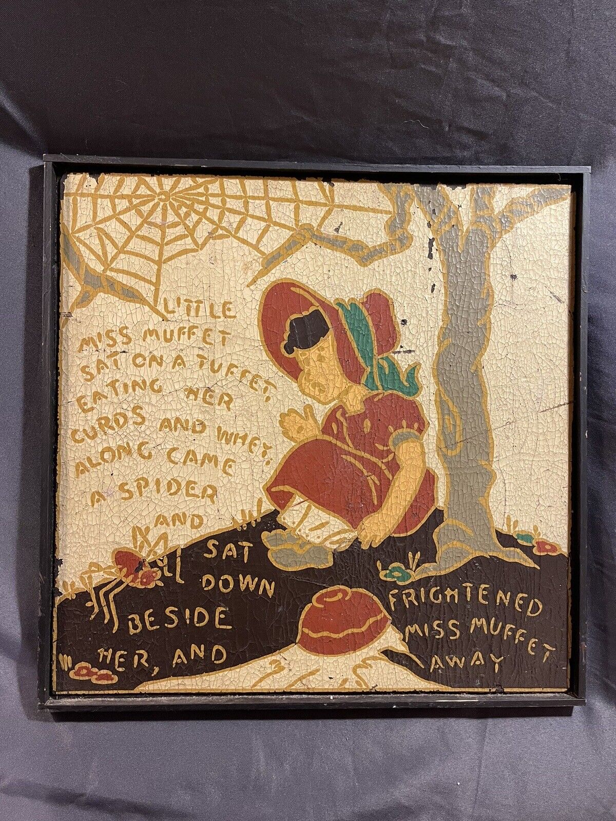 Antique Original Little Miss Muffet Nursery Rhyme Linoleum Tile Framed