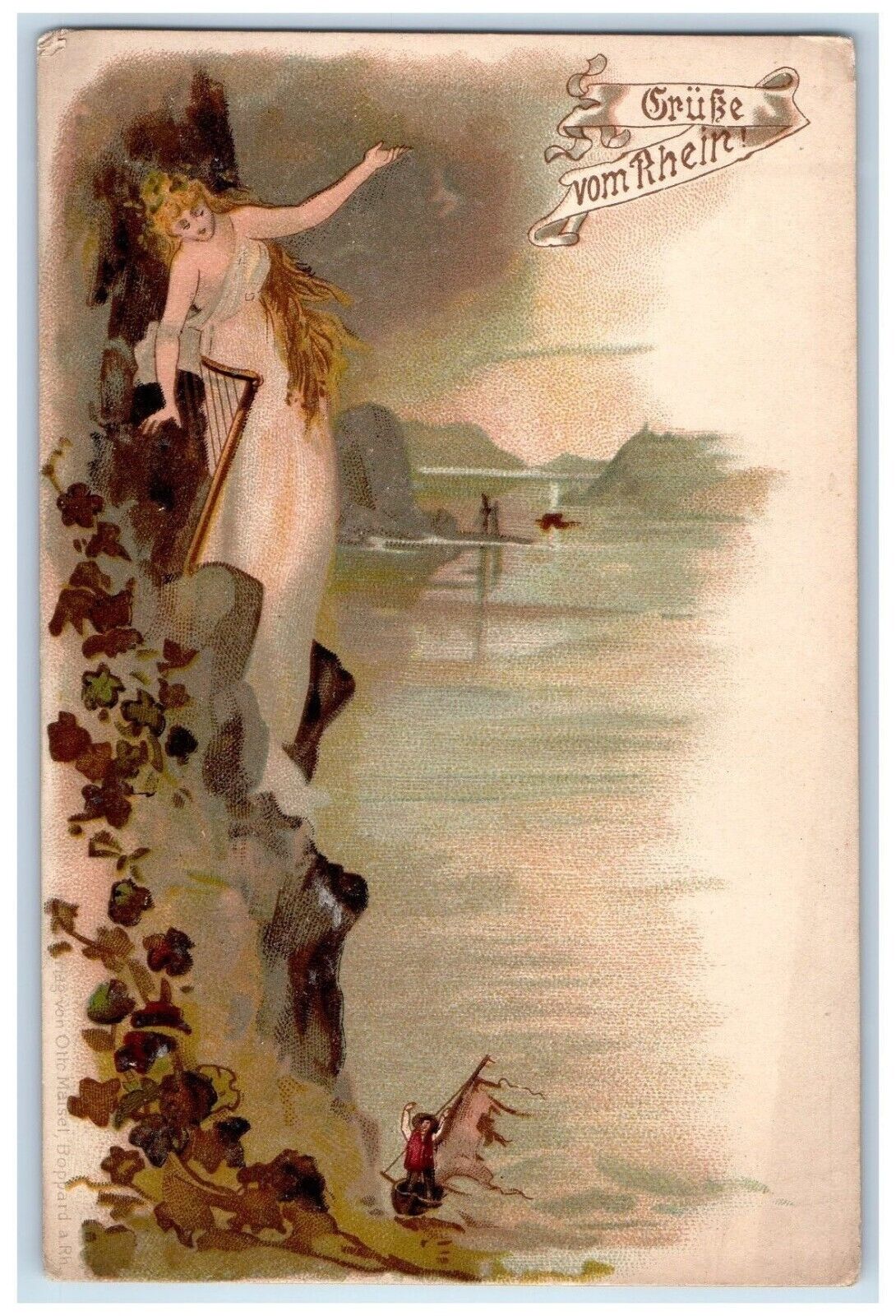 c1905 Greetings From Rhine Germany, Woman Harp Posted Antique Postcard