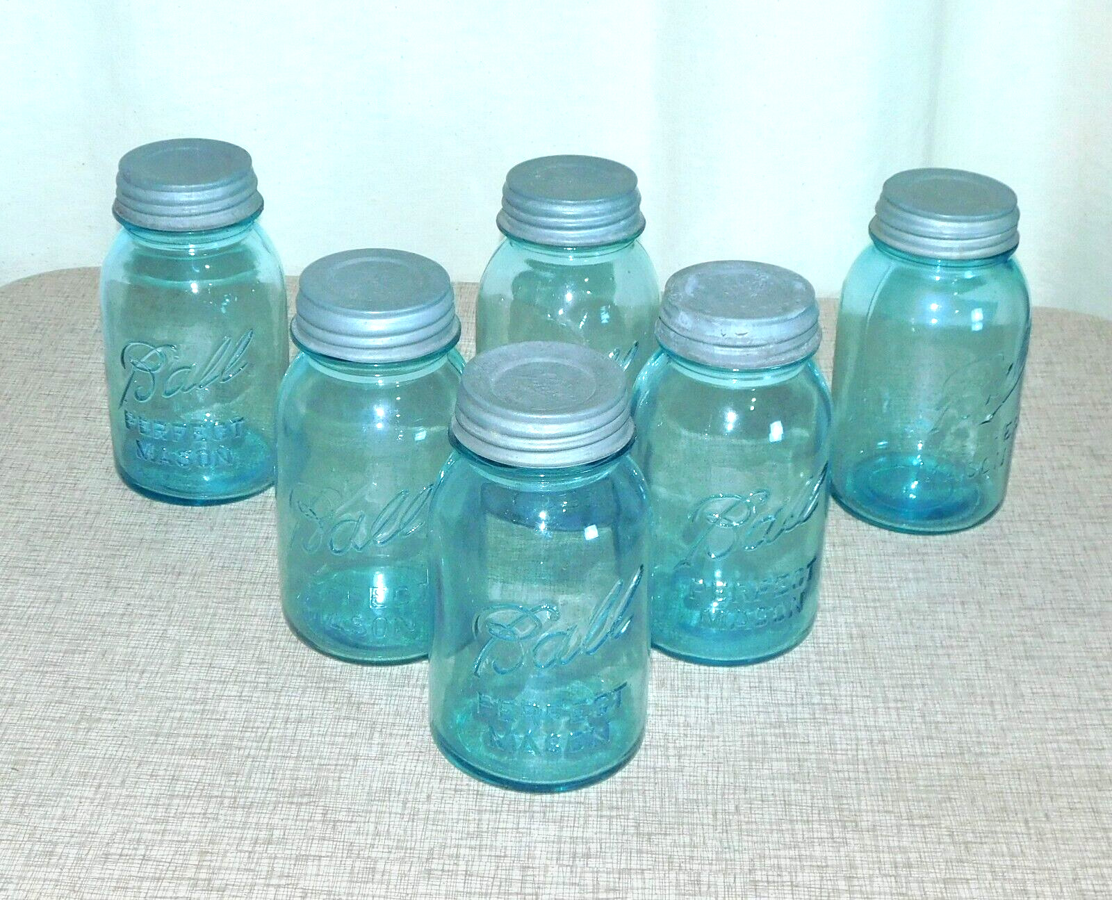 6 Antique Ball Jars Blue Perfect Mason Quart Zinc Lids #5 #1 #4 #9 Canning