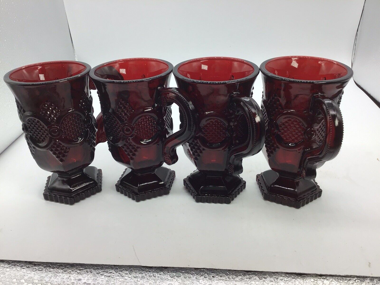 Avon 1876 Cape Cod Collection Ruby Red Glass Pedestal Mugs (1982)