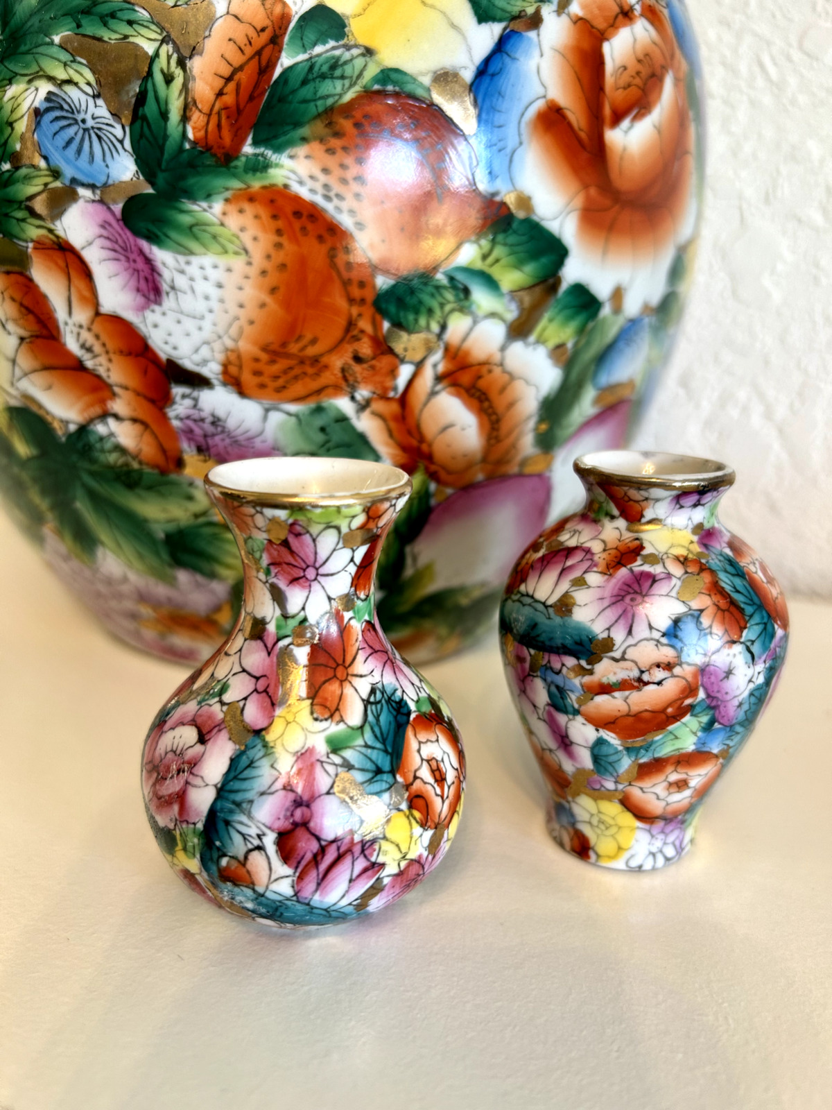 Vintage Floral Ceramic Regency Ginger Jar w/BONUS matching miniatures Home Decor