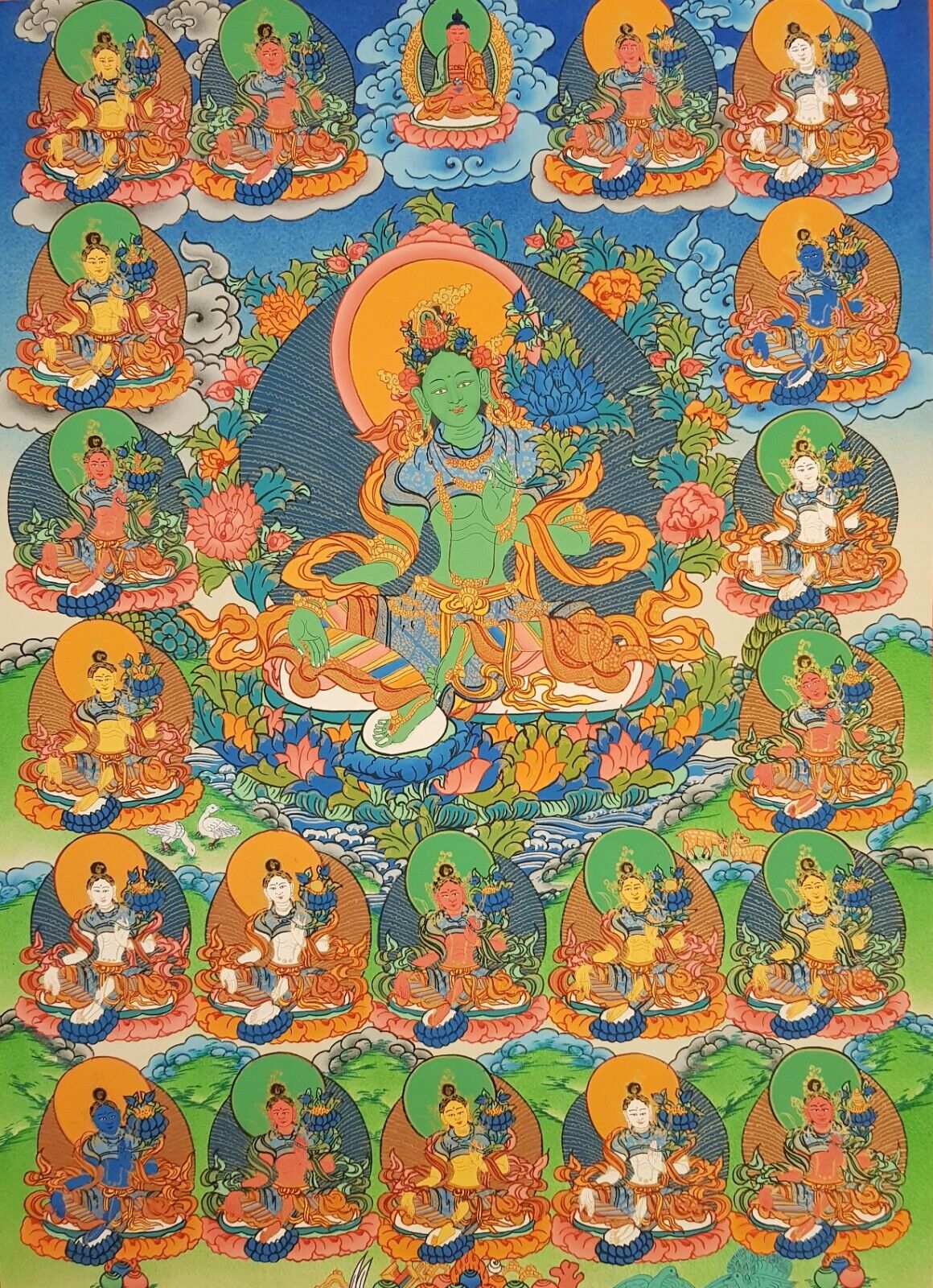 2. Green Tara with 21 other Tara Thangka (Thanka). Free Brocade / .