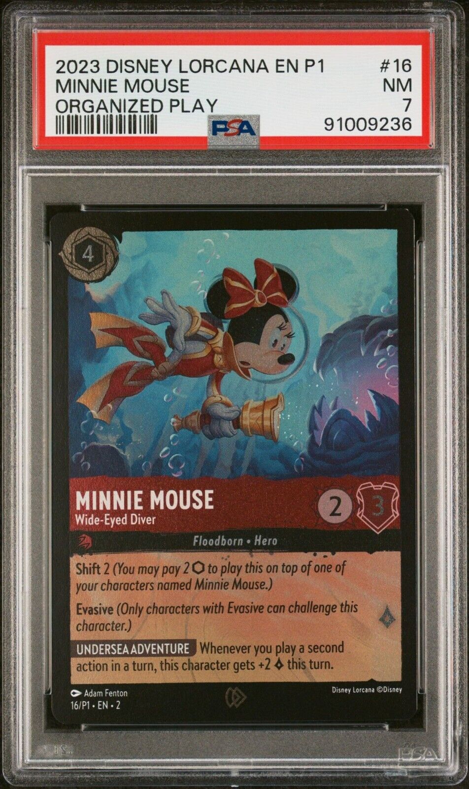 Disney Lorcana Minnie Mouse Wide-Eyed Diver League Promo 16/P1 PSA 7 Pop 1