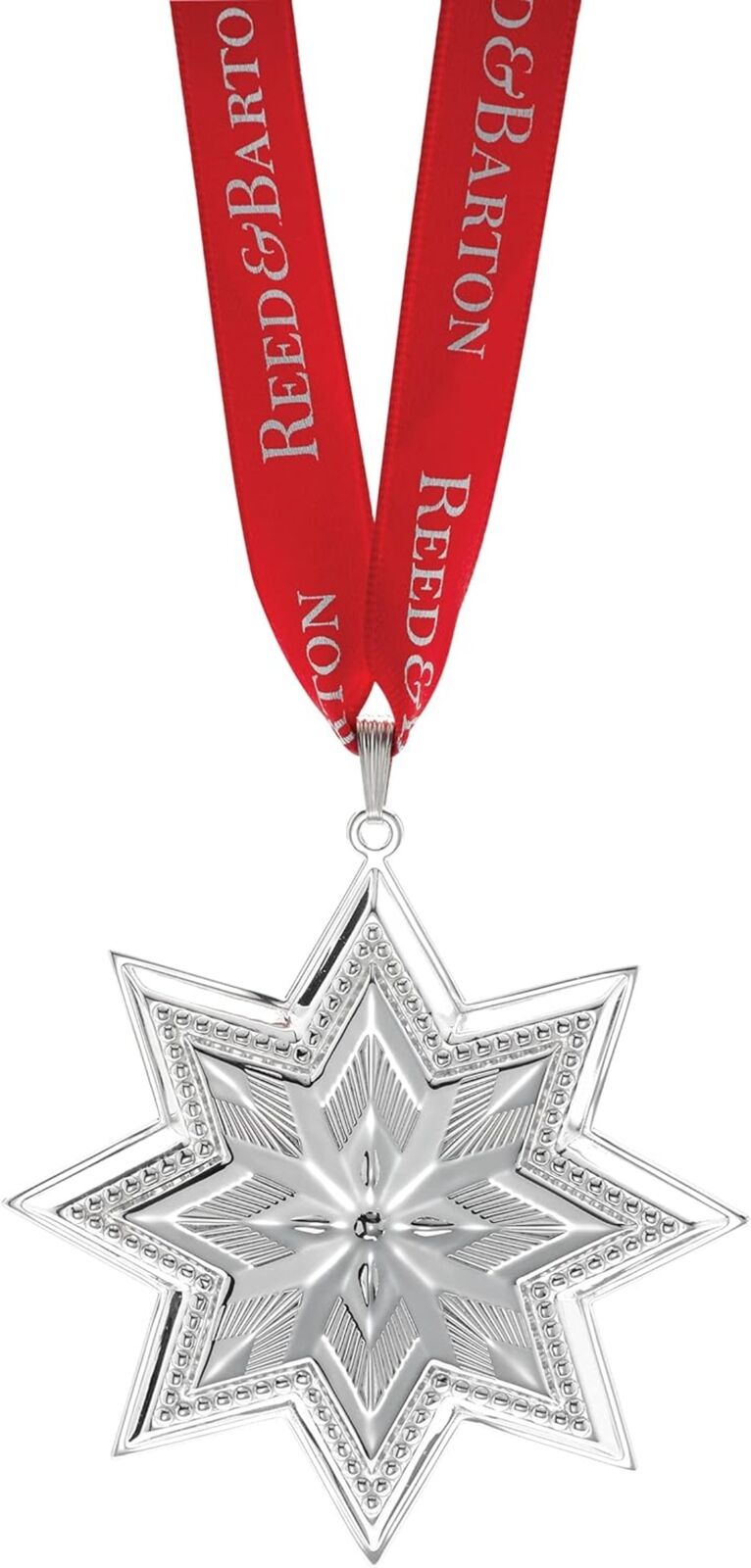 Annual Star Ornament, 0.30, Metallic，Material: Sterling，Red Ribbon For Hanging