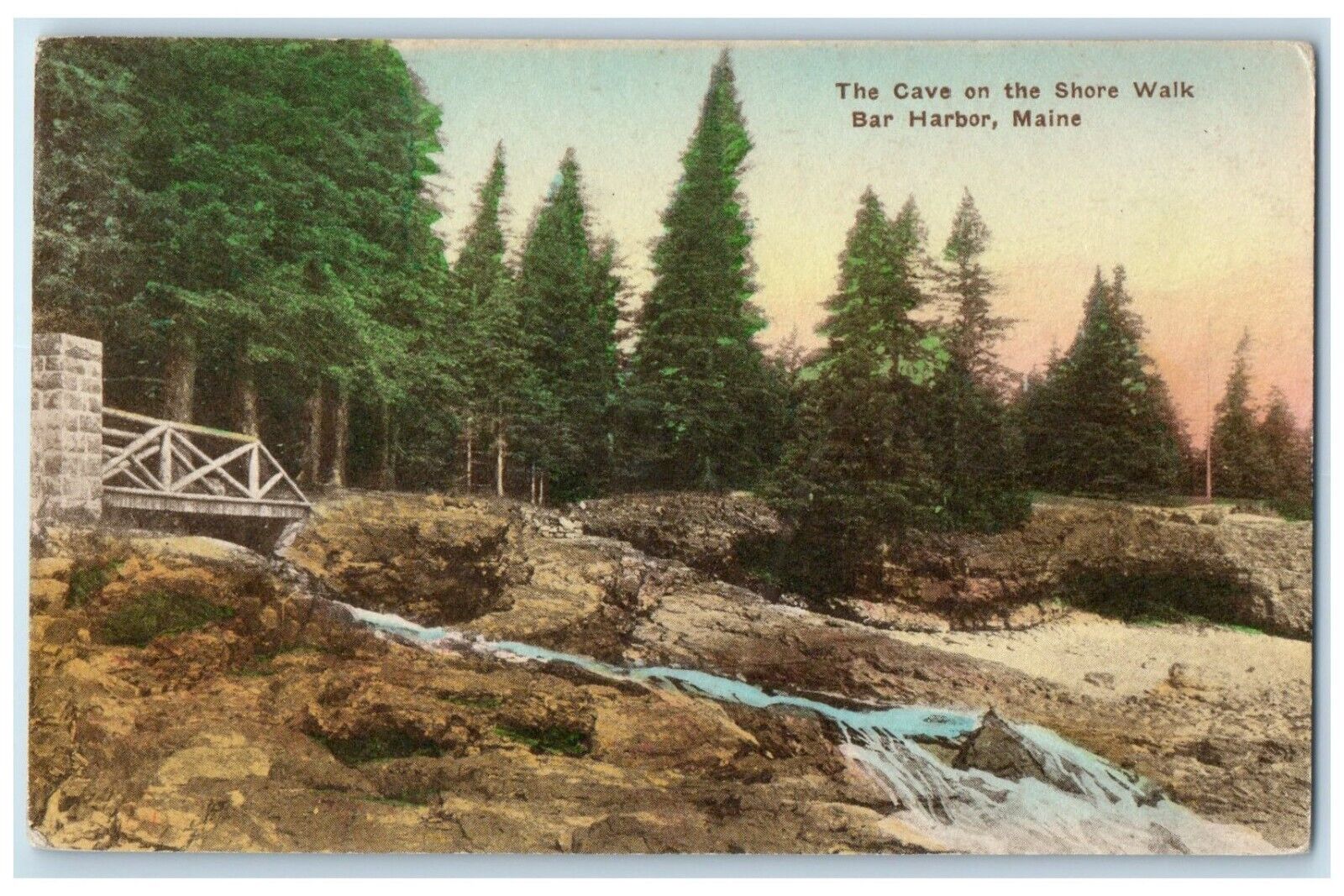 c1940 Scenic View Cave Shore Walk Bar Harbor Maine Vintage Hand-Colored Postcard