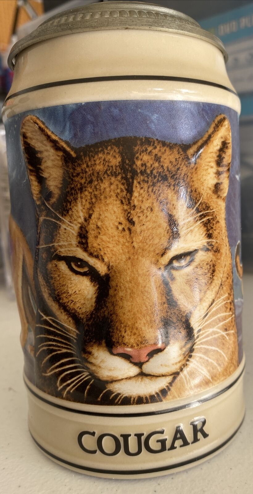 Vintage Budweiser Cougar Endangered Species Lidded  Stein 1994 , Handcrafted