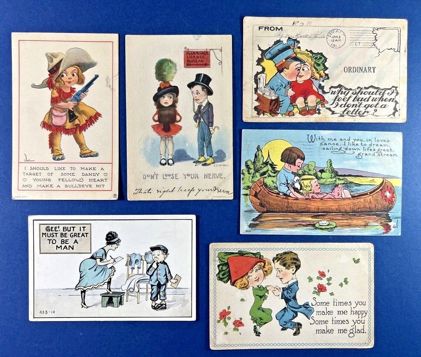 6 Romance Greetings Antique Postcards. Children, Couples. 4 Artist Signed  