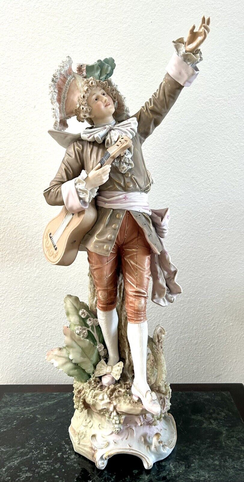 Antique Royal Dux Victorian Man with Guitar Sculpture Figurine 21”H