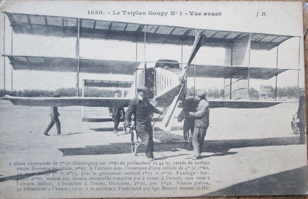 French Aviation 1910 Postcard: Airplane / Triplan / Triplane Goupy No. 1