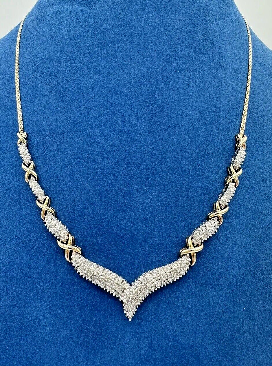 Genuine Natural Diamond 0.20ctw Sterling 925 Two Tone Gold X Silver Necklace 17”