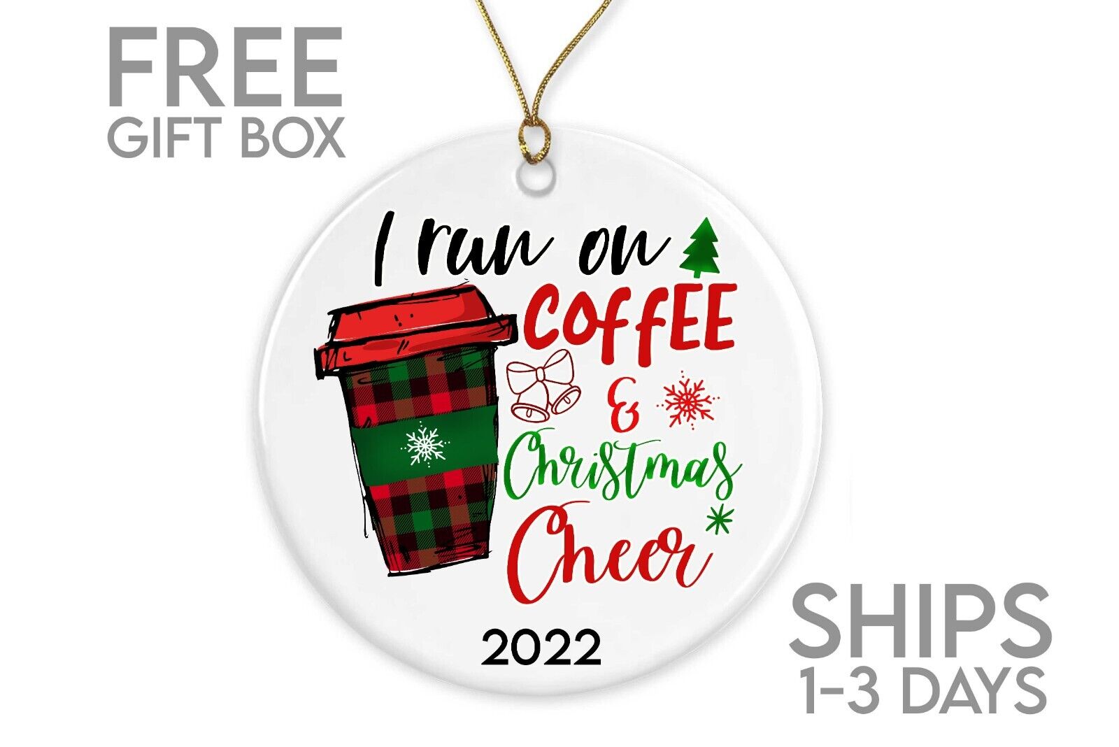 I Run On Coffee Ornament, Christmas Cheer Ornament, Coffee Lover Gift, Ornament