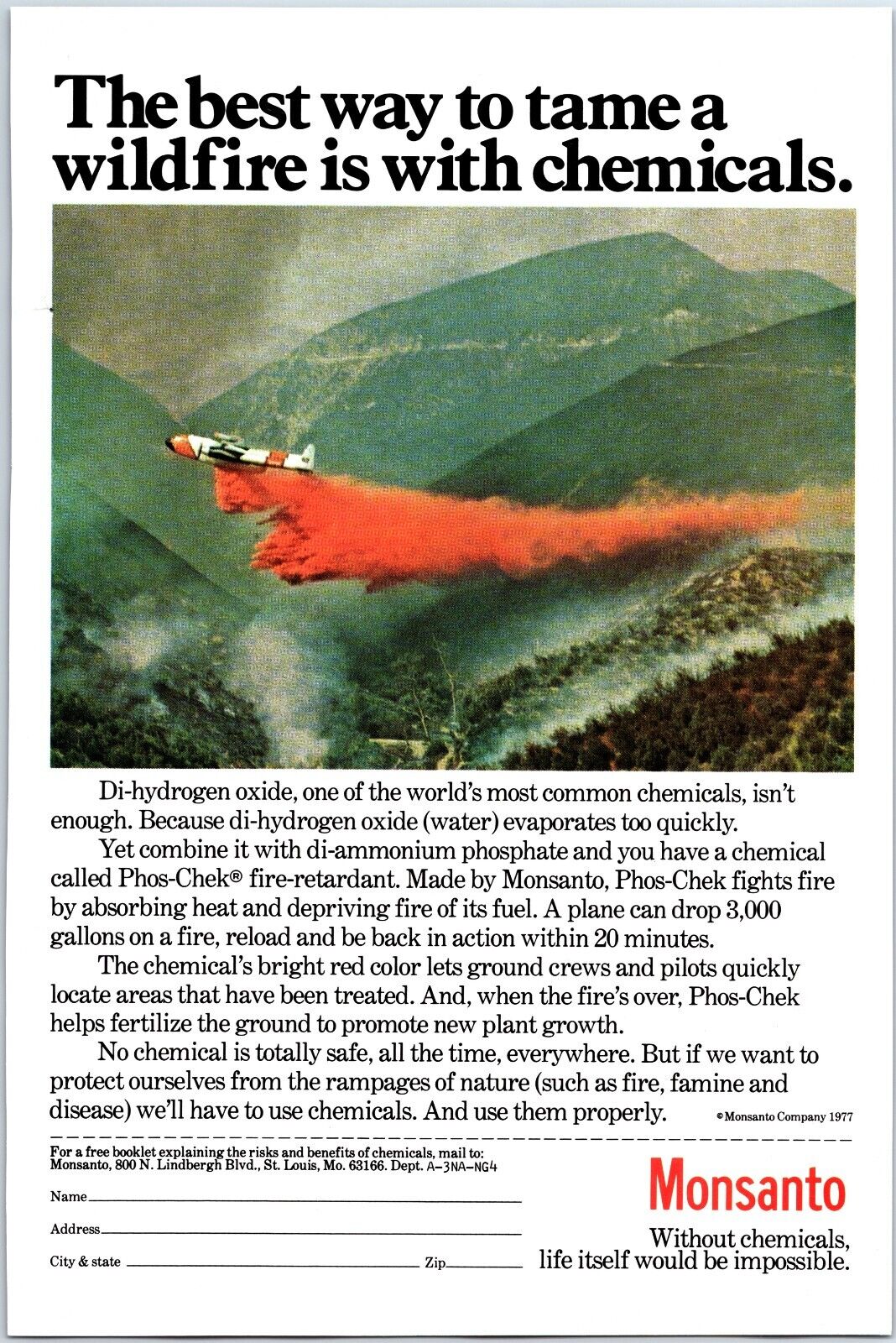 VINTAGE PRINT ADVERTISING MONSANTO WILDFIRE Fighting with Di-hydrogen Chemicals