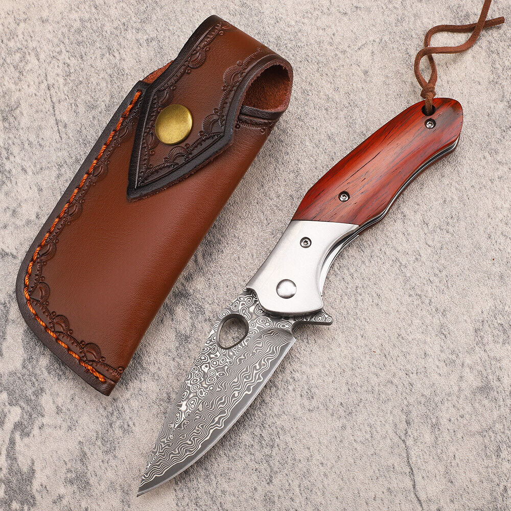 7.5'' New Fast Opening WoodHandle VG10 Damascus Blade Pocket Folding Knife VTF43
