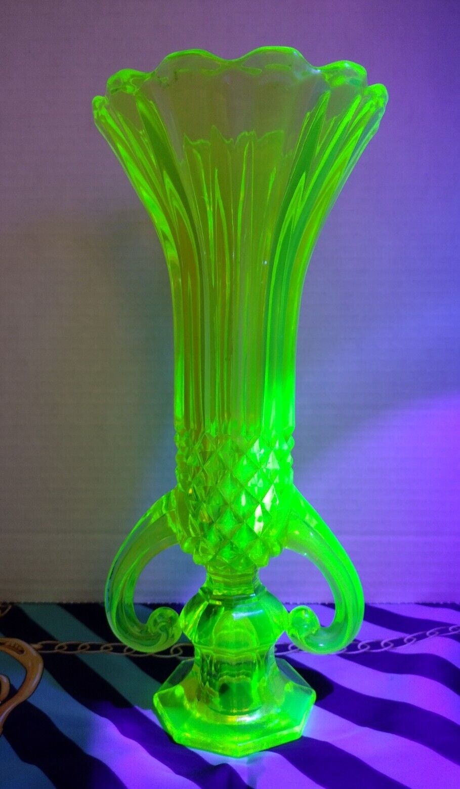 RARE Antique Uranium / Vaseline Glass Victorian Vase Candle Holder & Vase