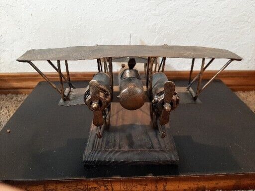 Vintage Metal Bi Plane Airplane Statue Made In Spain On Wooden Base