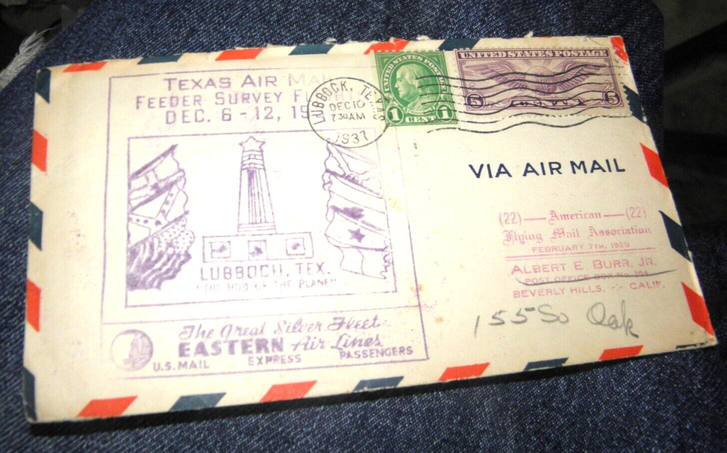 ENVELOPE FDC TEXAS AIR MAIL LUBBOCK TEXAS EASTERN AIRLINES BEVERLY HILLS CA 1937