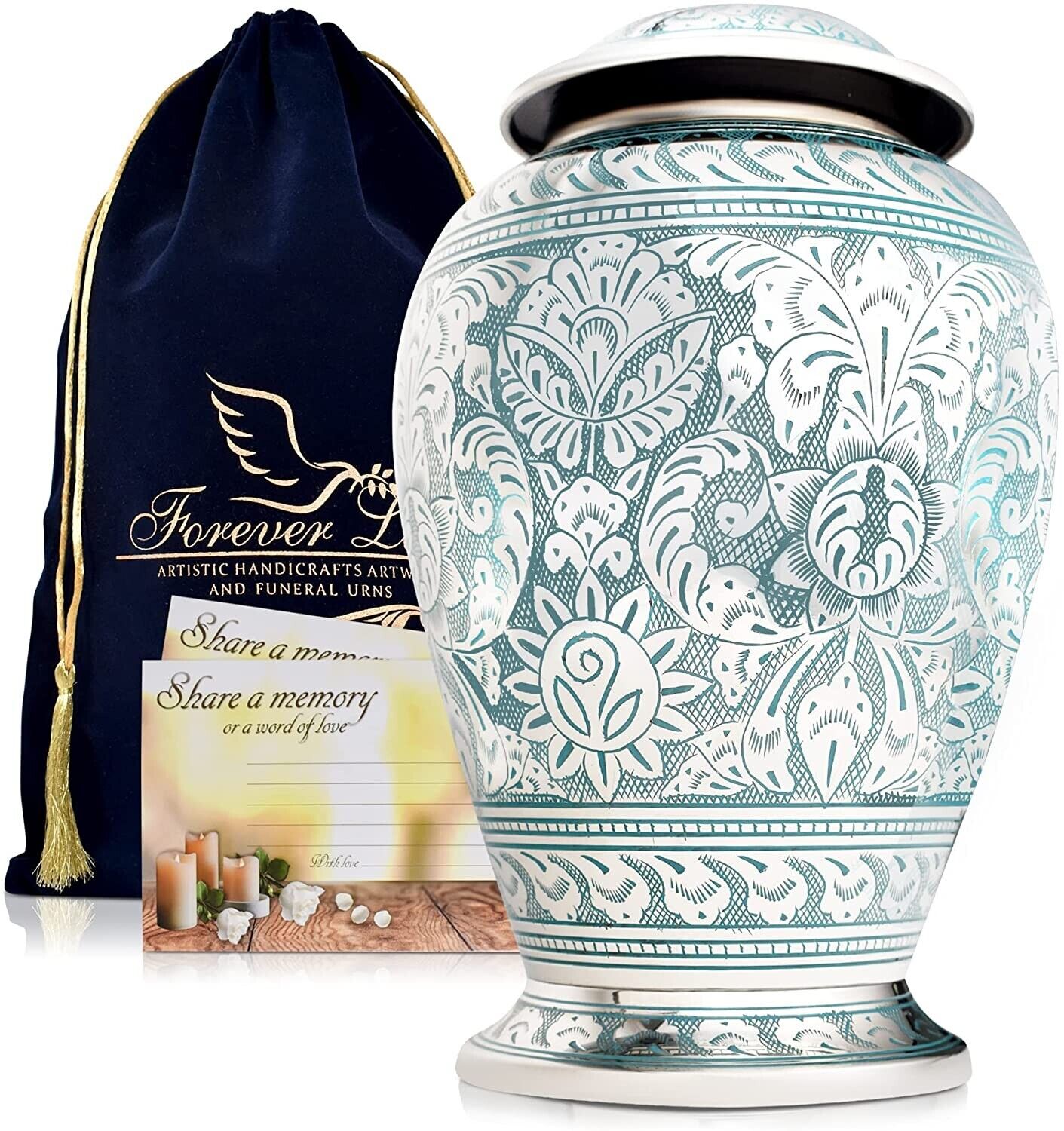 Cremation Urn for Adult Human Ashes - Silver with Velvet Bag & Memorial Card