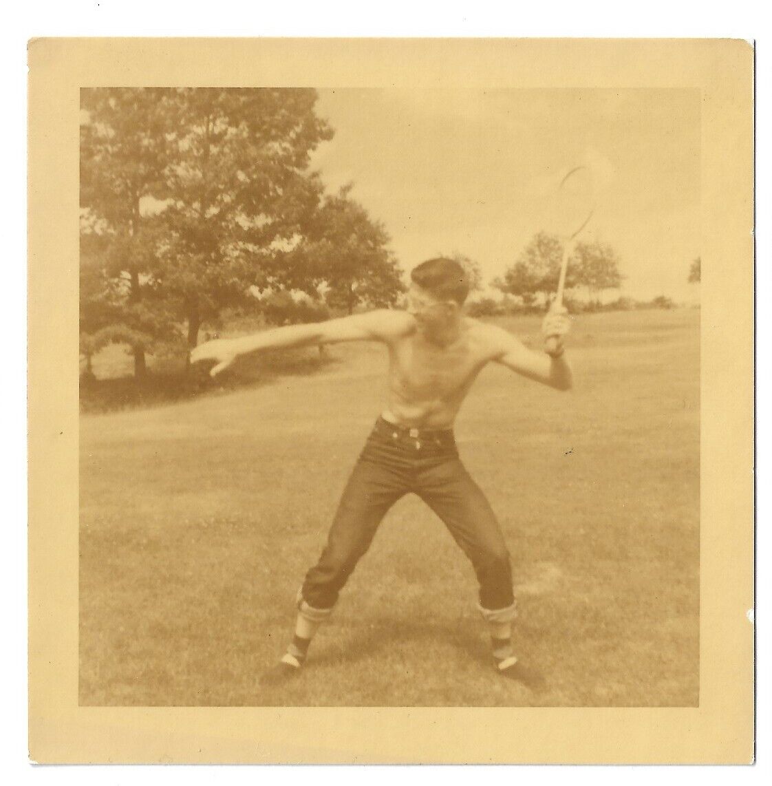 Vintage 1950s Photo SHIRTLESS TRIM PHYSIQUE MAN with TENNIS RACKET Gay