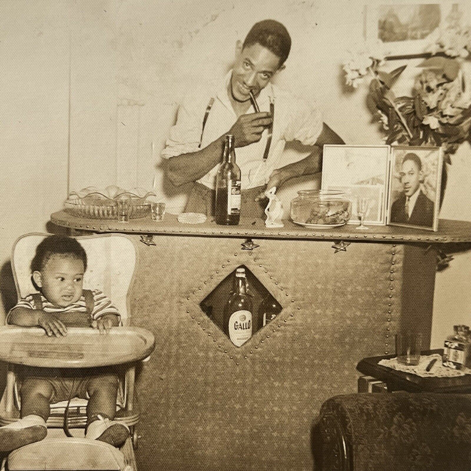 Vintage Sepia Snapshot Photograph Black African American Man Pipe Bar Baby