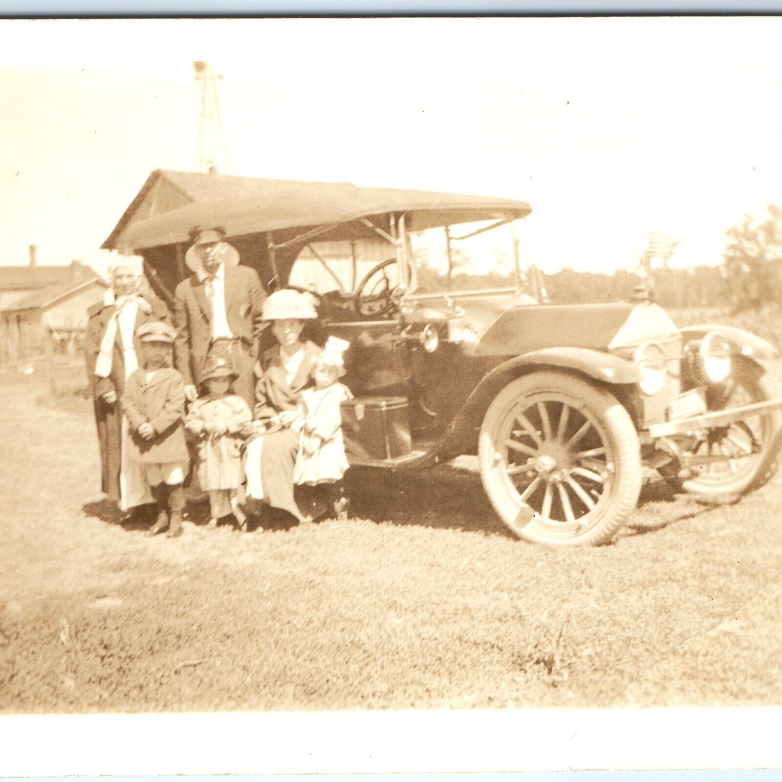 c1910s Rare Touring Car RPPC Family Cute Kids Auto Farm Real Photo Postcard A125