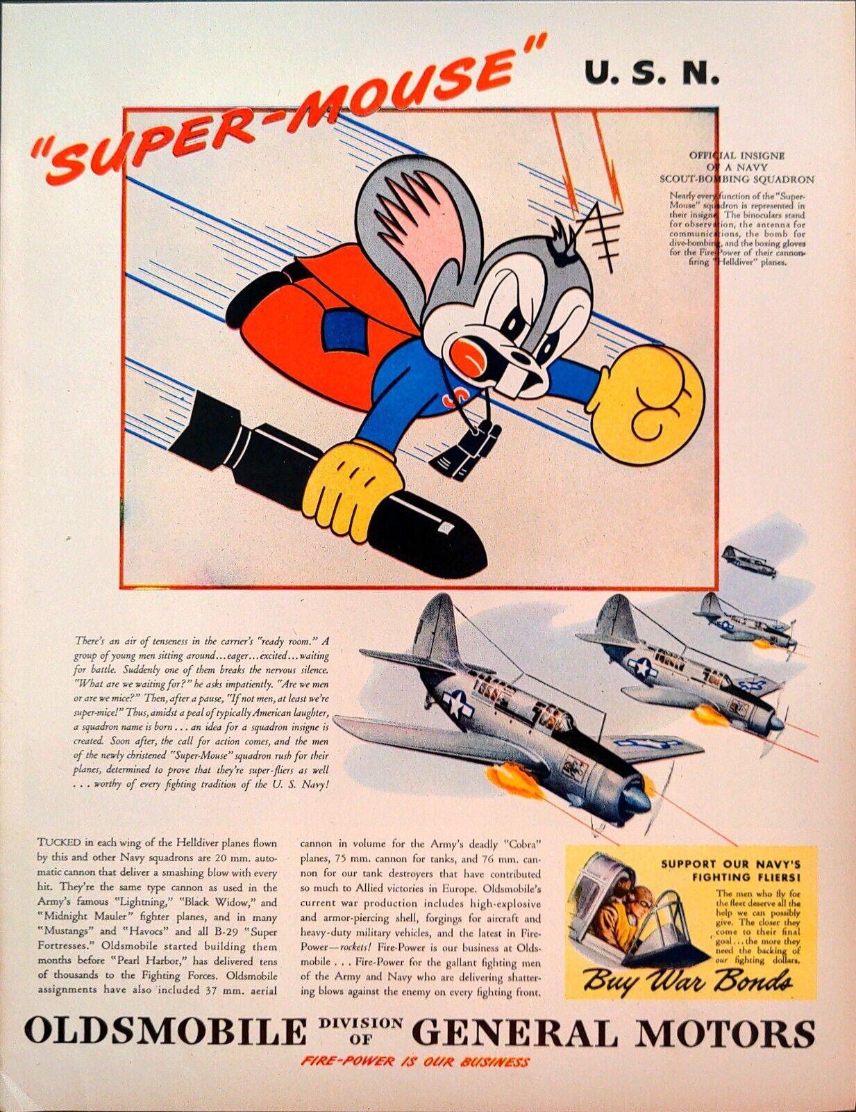 1944 Oldsmobile General Motors WWII Print Ad Super Mouse Official Navy Insignia