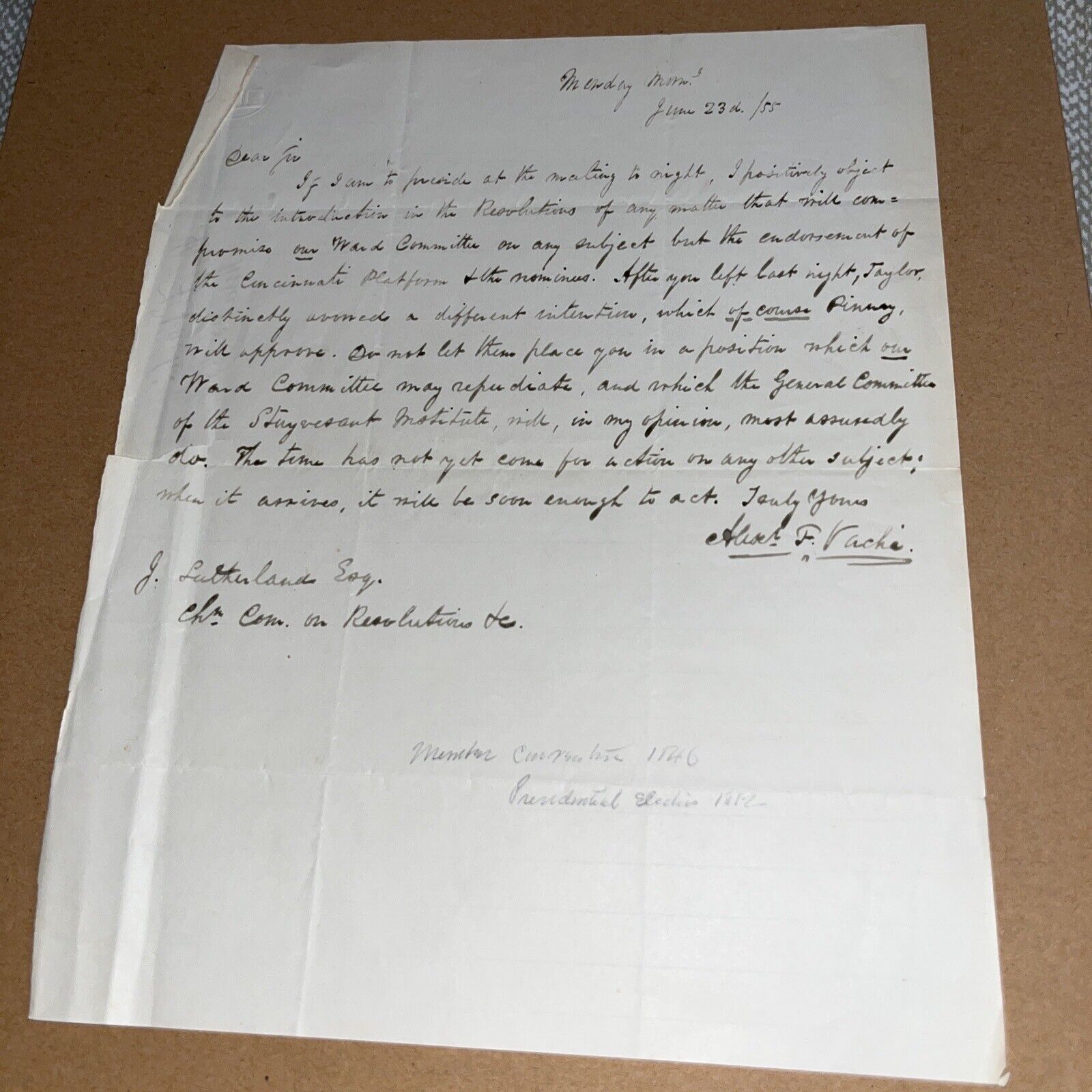 1855 Letter On Resolutions, Pro Endorsement of Cincinnati Platform Democrats