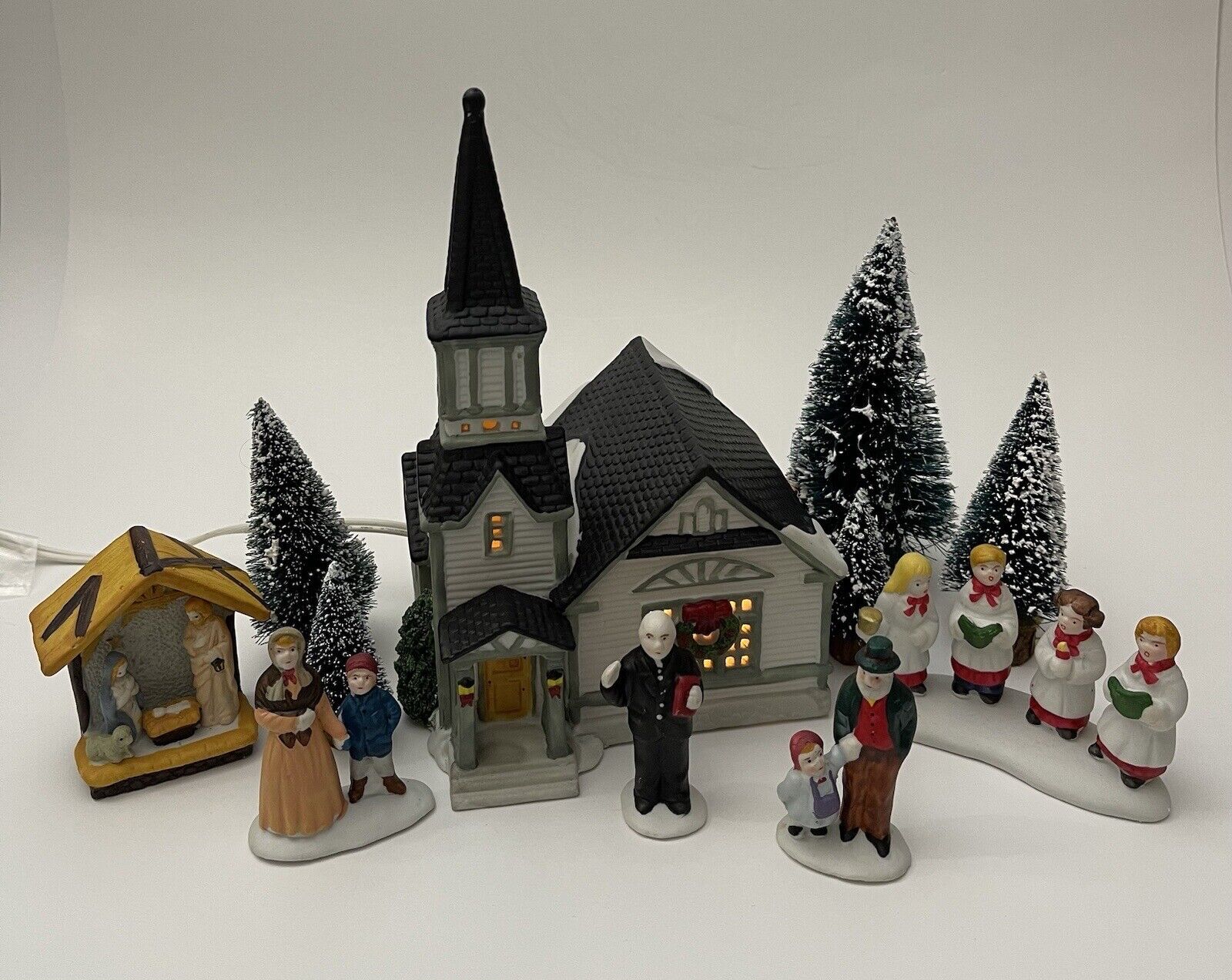 Vintage Lemax 12 Piece Lighted Christmas Village Set Church Nativity People Rare