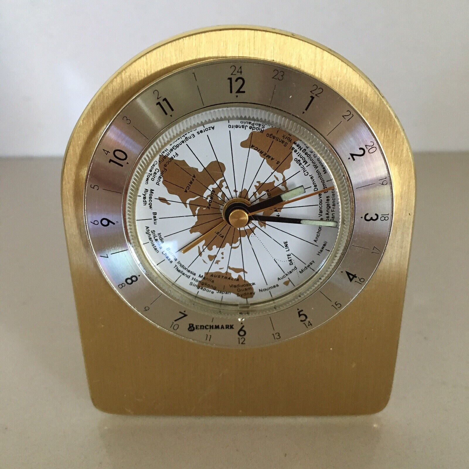 Benchmark Travel Alarm Clock World Time Battery Brass MCI ￼ Telecommunications￼
