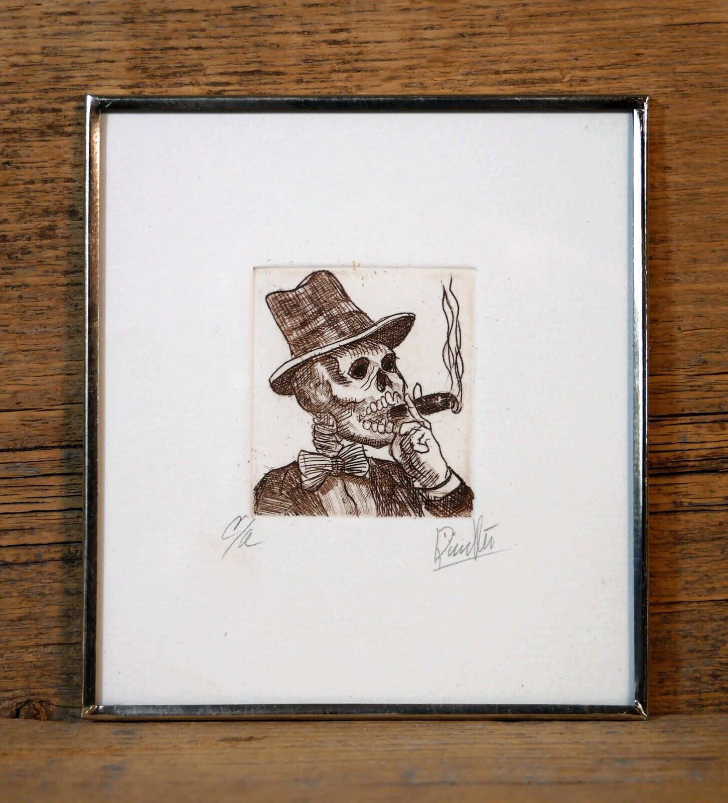 Day of the Dead Gentleman Smoking Cigar after Posada Etching Handmade Mexican