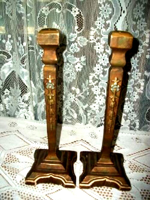 1910 ARTS & CRAFTS CANDLE HOLDERS BARBOLA POLYCHROME WOOD FAUX BRONZE FINISH