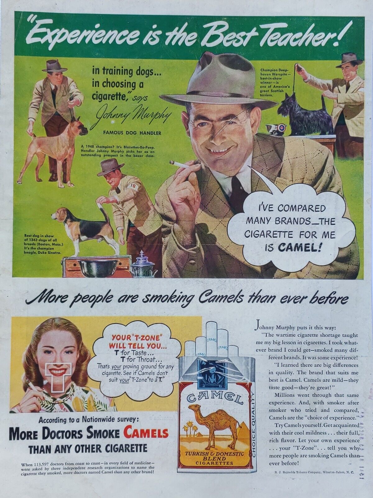  1947 vintage camel cigarettes print ad. Featuring Johnny Murphy
