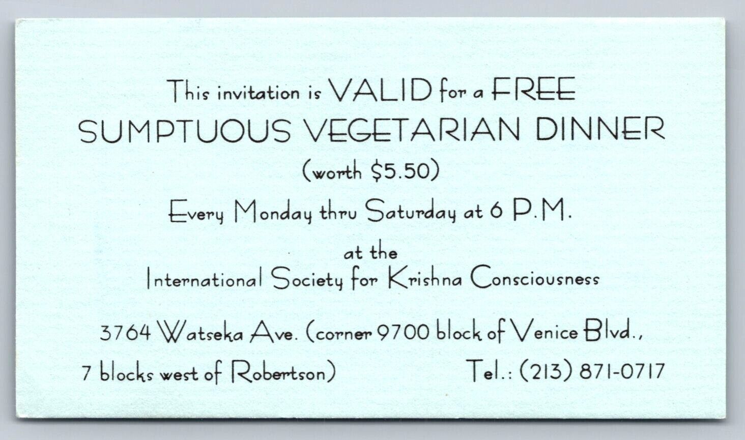 Vintage Business Card International Society Krishna Consciousness California 
