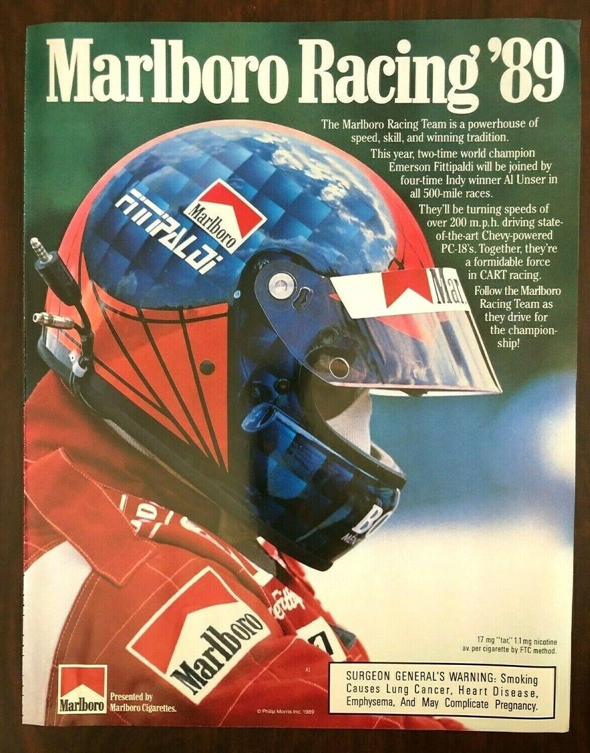 1989 Marlboro Racing Team Emerson Fittipaldi Indy 500 Advertisement Print 8x11