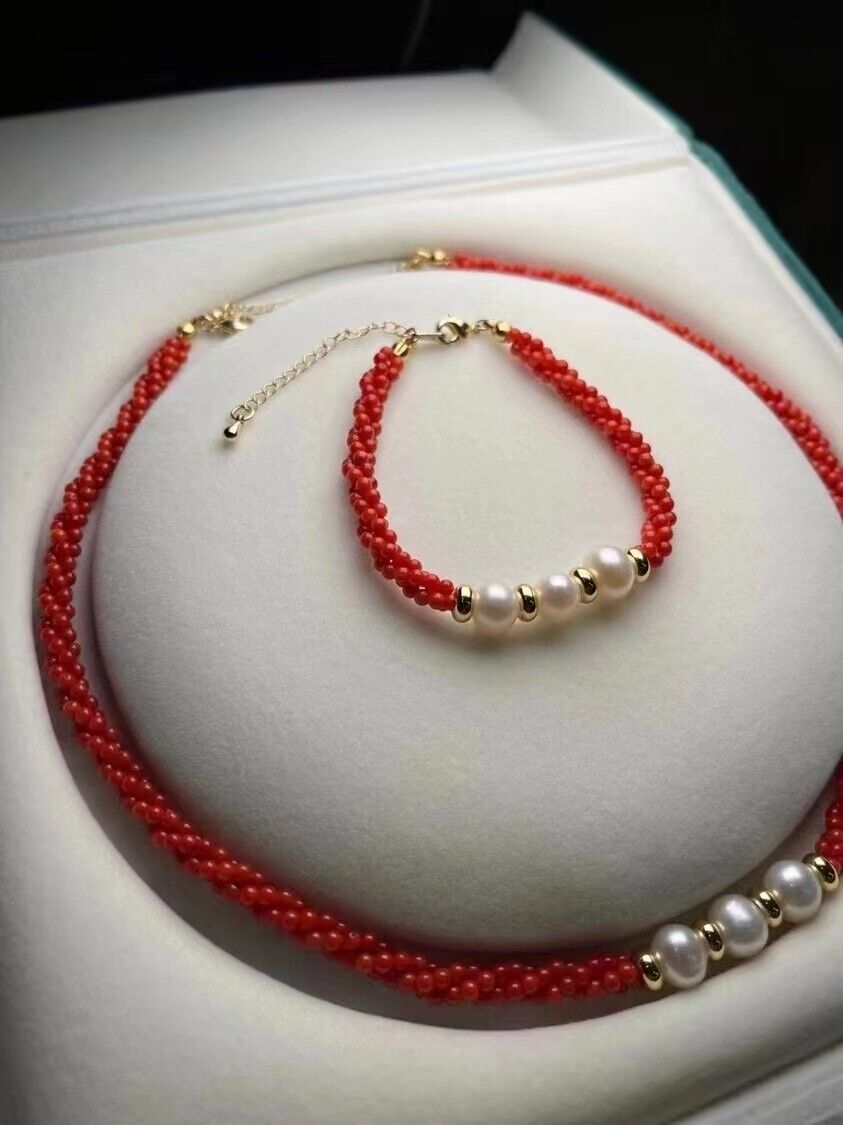 Beautiful Red Coral Pearls  Round Gradual Beads Necklace  bracelet set