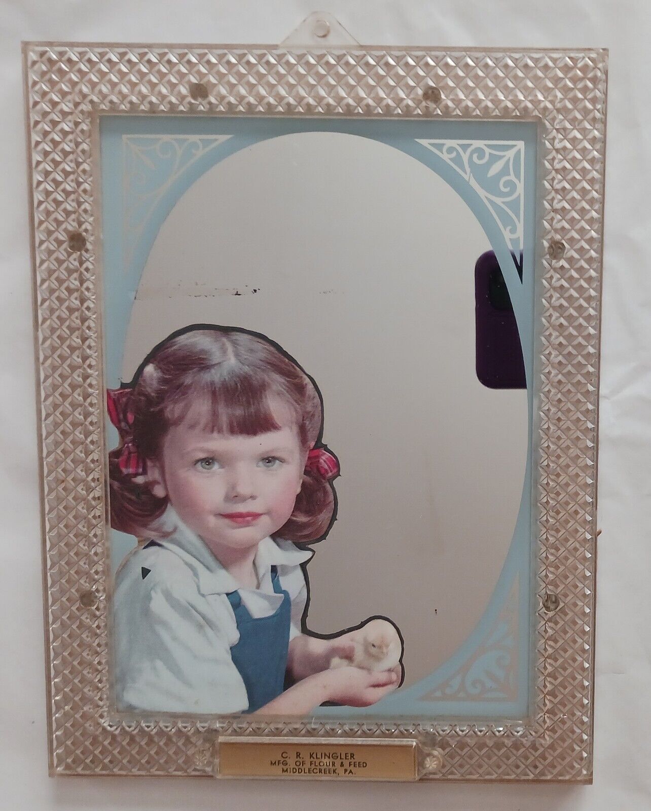 Vintage Mirror Girl Holding Chick C R Klinger Flour and Feed Middlecreek PA