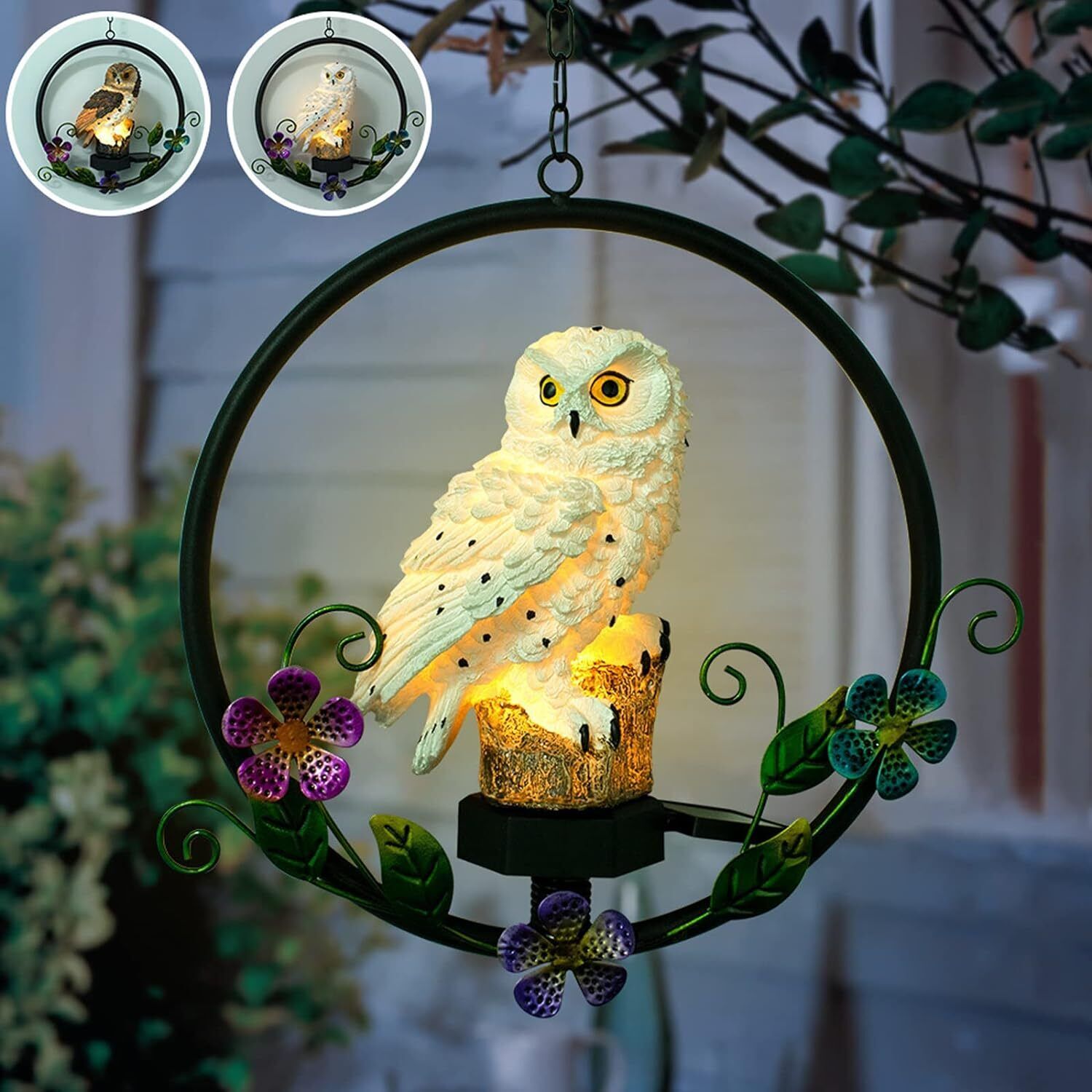 Solar Powered Garden Owl Statue Waterproof Hanging for Outdoor Decorative Unique