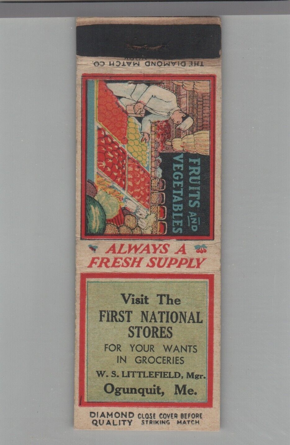 1930s Matchbook Cover Diamond Quality First National Grocery Stores Ogunquit ME