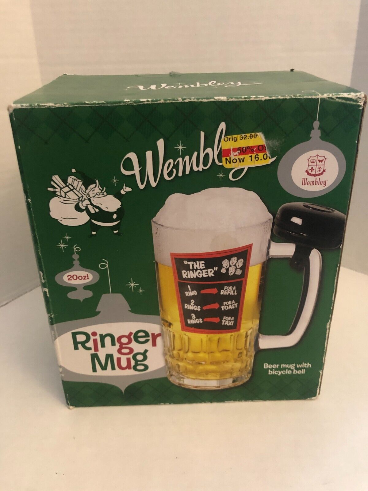 Wembley The Ringer Beer Mug 20oz with bicycle Bell glass gag Gift