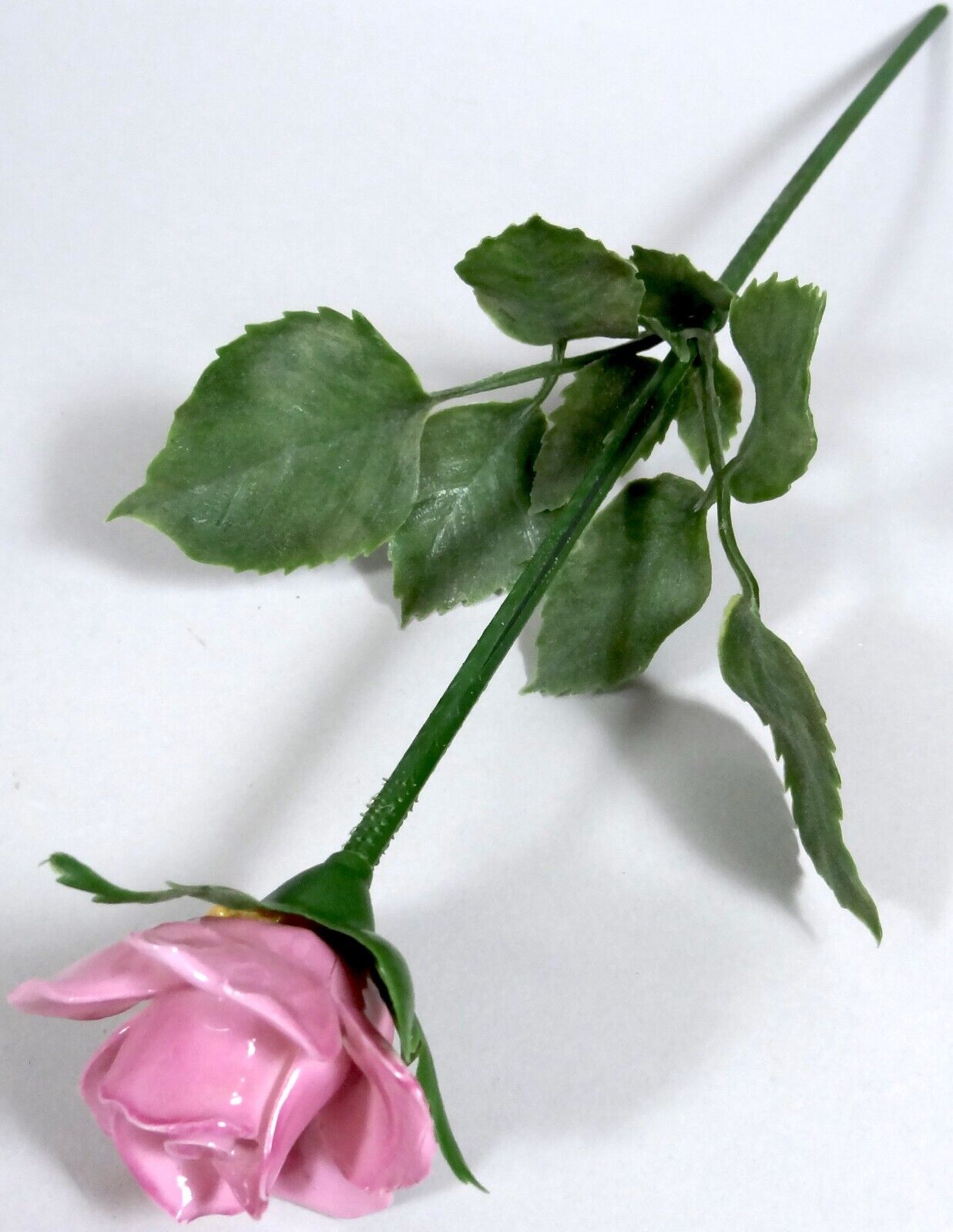 Vtg Porcelain Flower Pink Rose Long Stemmed Plastic Stem Leaves Bone China 12in