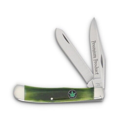 The Bear & Son Green Smooth Bone Trapper Folding Knife Marijuana Shield NEW