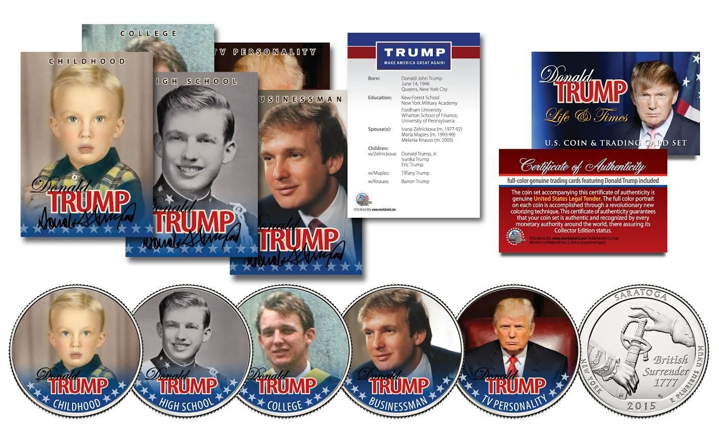 DONALD TRUMP Life & Times 10 Piece Ultimate U.S Coin & Trading Card Collection 