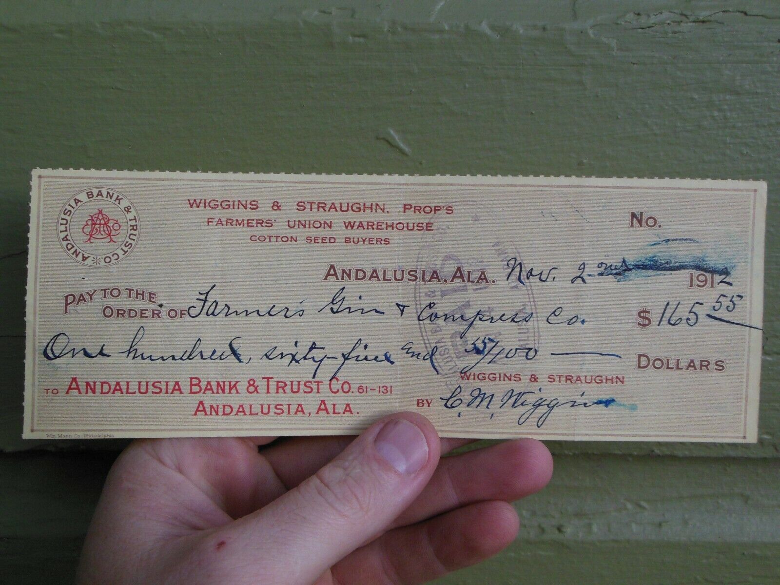 1912 Andalusia Alabama Bank Trust Wiggins & Straughn Cotton Seed Buyers Receipt