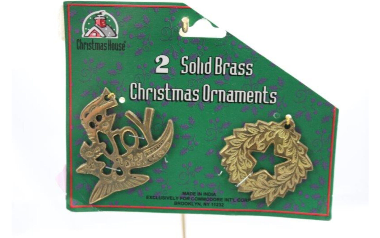 2 NEW NOS Brass Christmas Tree Ornaments JOY WREATH ~ 2\