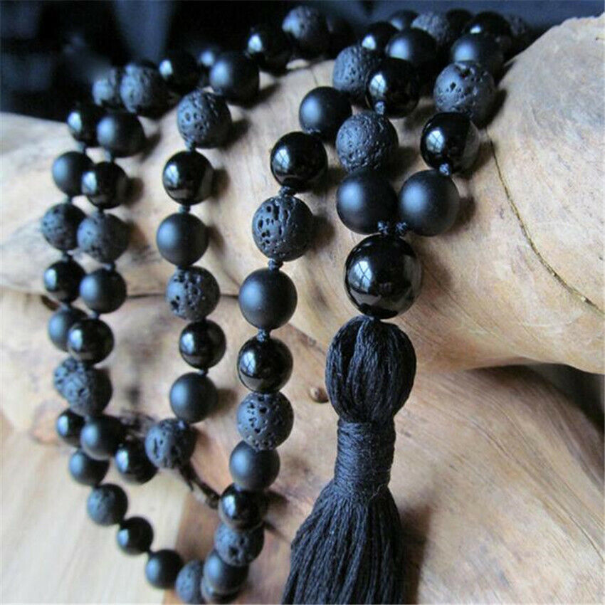 6MM Lava Black Onyx Gemstone 108 Beads Tassels Mala Necklace Meditation yoga