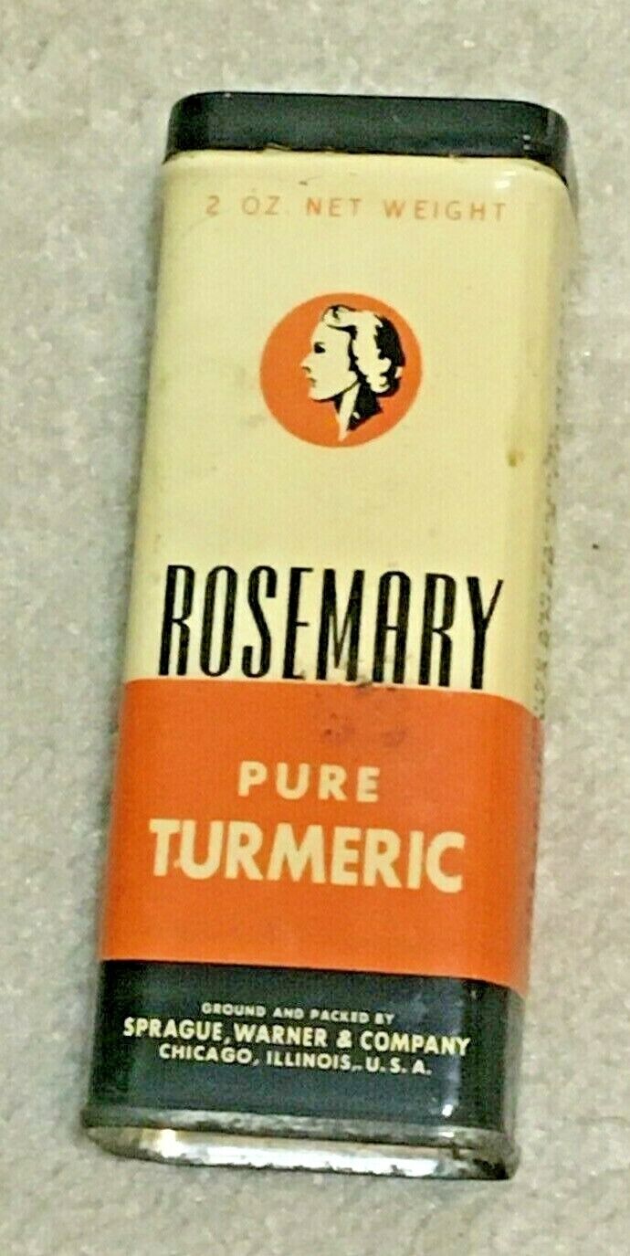 VNTG Rosemary Brand PURE TURMERIC  SPICE 2oz Tin CAN, Sprague Warner Co Chicago