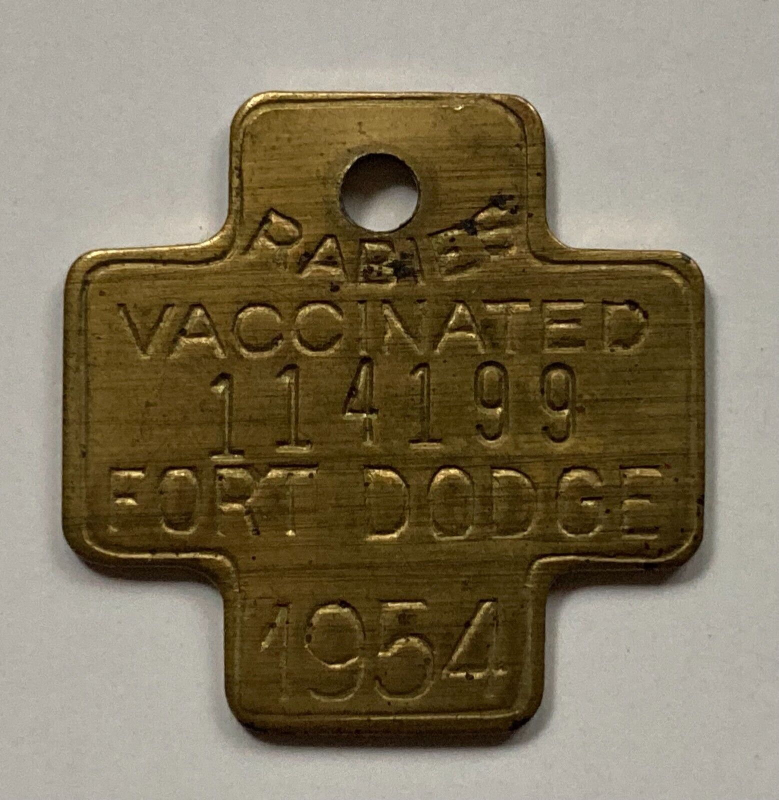 RARE Brass 1954 FORT DODGE IOWA Rabies Vaccinated Dog License Pet Rescue Puppy