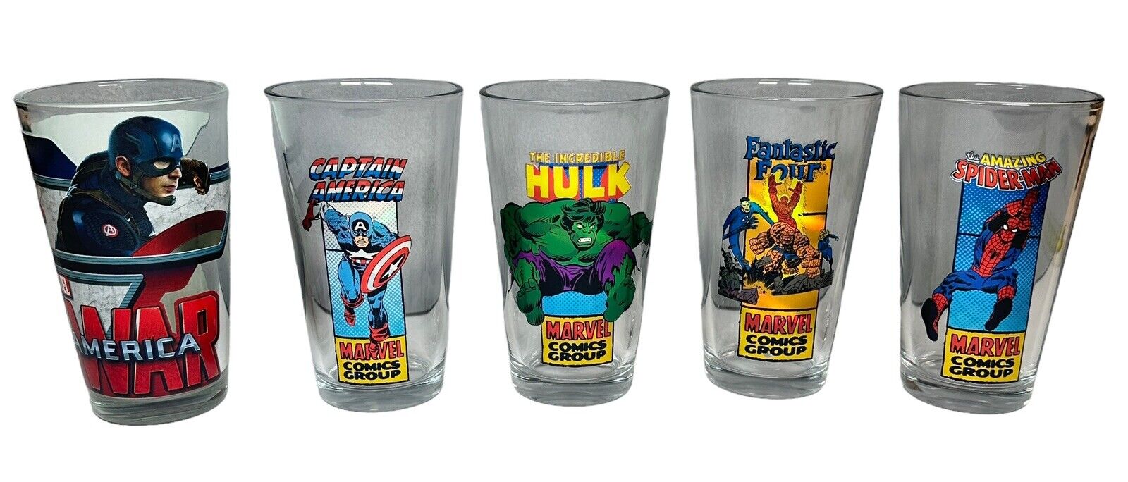 Lot of 5 Marvel Comics 16 Oz Tumblers Glasses Captain America Spiderman Fantas 4